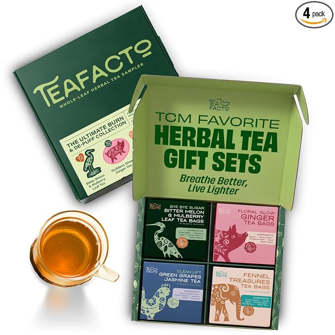 Tea Facto Herbal Tea Sampler Set Depuff Collection with Bitter Melon, Mulberry Leaf, Ginger, Pear & Green Grapes Jasmine - Fancy Tea Sampler Gift Set Box - Natural Fiber, Zero Added Sugar - 40 Count