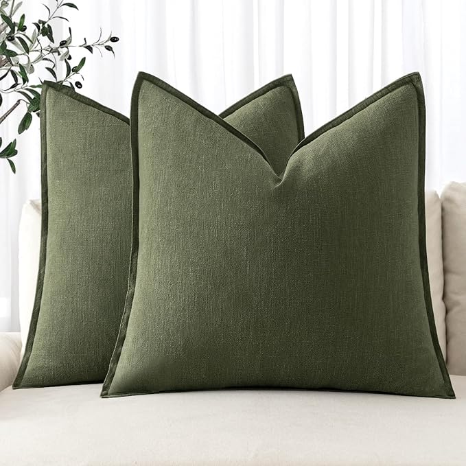 MIULEE Decorative Linen Euro Sham Pillow Covers 26x26 Dark Olive Green | Boho Farmhouse Neutral Couch Throw Pillows for Bed, Pack of 2 Accent Modern Pillowcases, Sofa Livingroom Home Decor