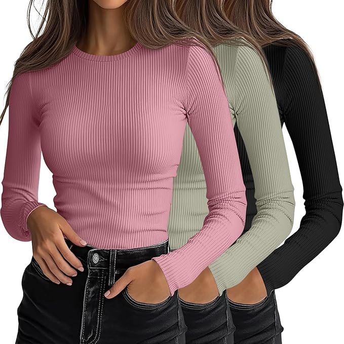 Ficerd 3 Pack Women's Ribbed Long Sleeve Tops, Crew Neck Slim Fit Undershirts Knit Basic Casual Stretch Layering Tee Shirts