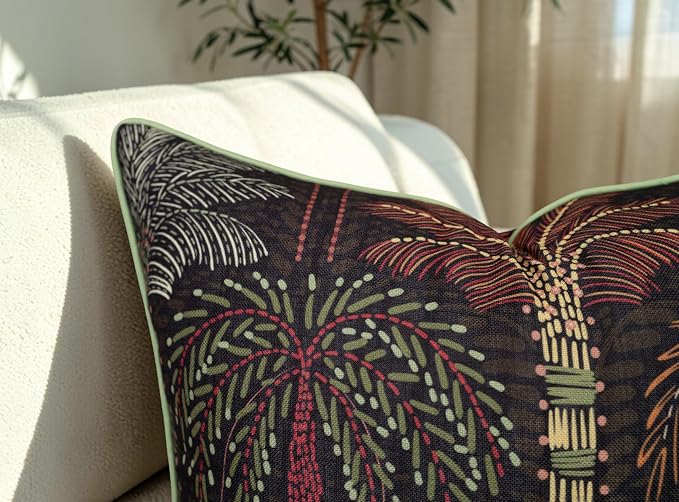 Tropical Palm Print 20x20 Throw Pillow Cover, Charcoal | Folk-art tropical palm trees on charcoal slub, green piping; both sides printed; hidden; cover only