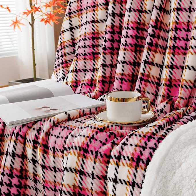 Sherpa Plaid Throw Blanket, 60" X 70" Fuzzy Fluffy Cozy Soft Blanket, Fleece Flannel Plush Twin Size Microfiber Blanket for Couch Bed Sofa, Black&Pink