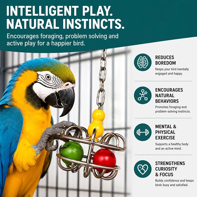 Bird Toys for Large Birds (Impossiball) Stainless Steel Foraging Treat Dispenser for Macaws, Cockatoos, Parakeets & Parrots | Durable Cage Accessory for Enrichment & Mental Stimulation