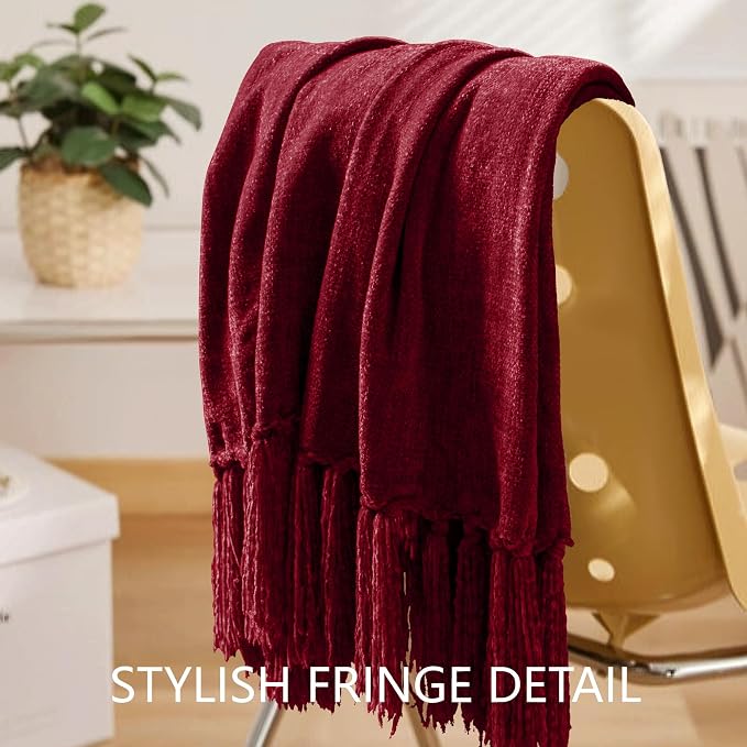 Chenille Throw Blanket for Couch 60" x 80" Twin, Red | Soft Cozy Throws with Fringe Tassel, for Living Room Bed Sofa Chair Cover, Lightweight Knitted Boho Blankets Christmas Decor