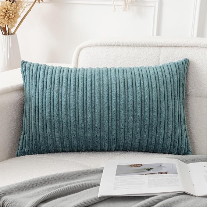 UGASA 14x20 Inch Pillow Cover Pack of 1 Soft Boho Stripe Corduroy Long Rectangle Lumbar Cushion Case Farmhouse Decorative Throw Pilowcase for Bed, Couch, Sofa, Bedroom, Living Room, Blue Grey