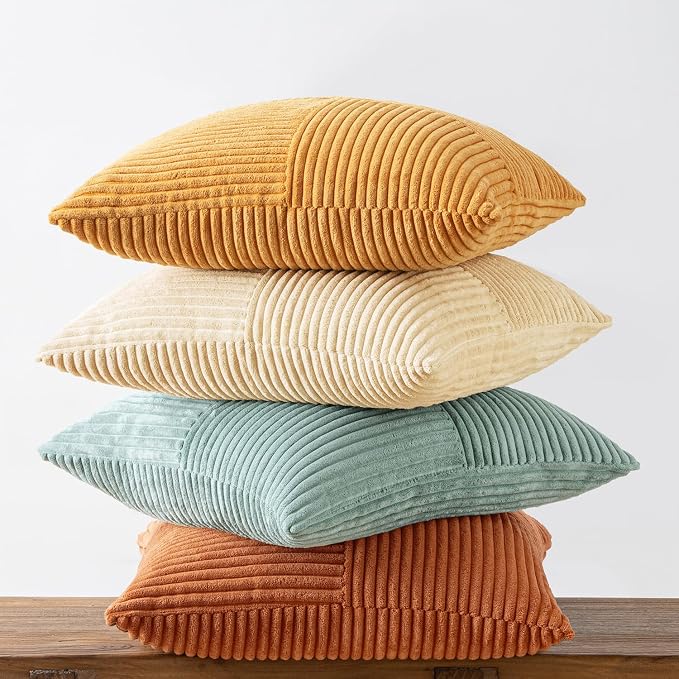 MIULEE Fall Boho Farmhouse Decorative Throw Pillow Covers 20x20 Inch 4 Packs Soft Vintage Pillow Cases Modern Corduroy Patchwork Cushion Covers for Couch Sofa Bed Home Decor, Teal-Rust