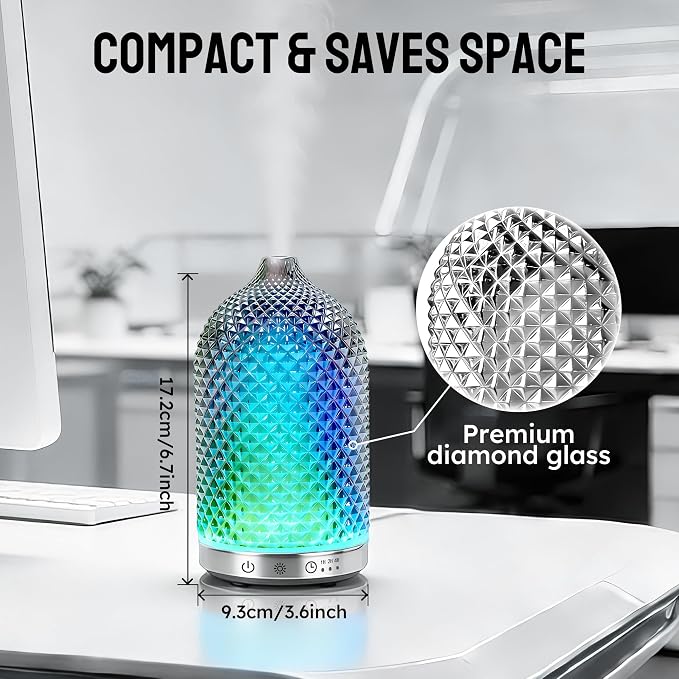 Essential Oil Diffuser 150ml, Glass Diffuser with Ultrasonic Small Humidifier, 7 Color Lights, 1/2/4H Timer, Quiet Auto Shut-Off Oil Diffuser for Bedroom, Home, Office (Silvery)