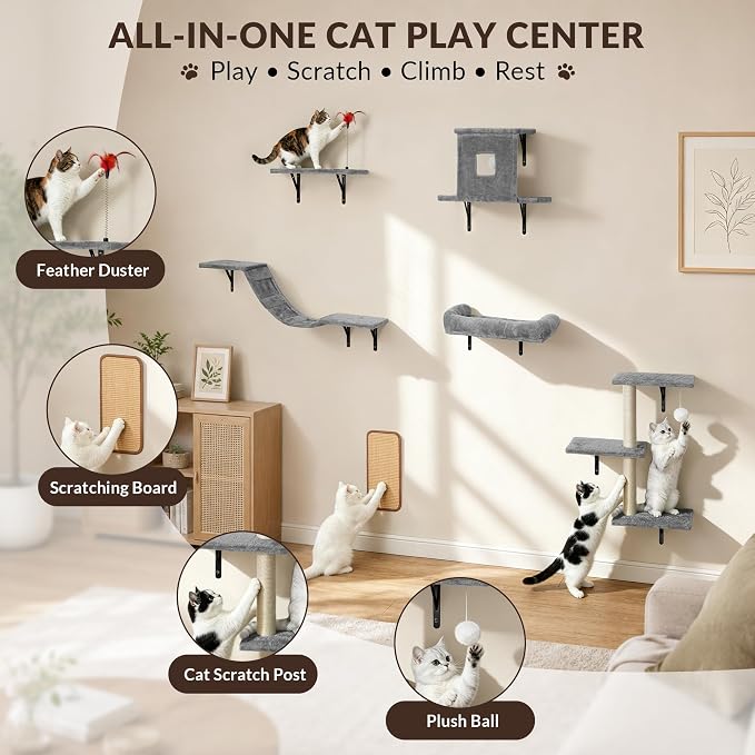 Cat Wall Shelves, 6 in 1 Cat Wall Furniture Set with Condos House, Bed, Bridge, Tree, Steps, Scratching Board, DIY Walls Playground for Indoor (Gray)