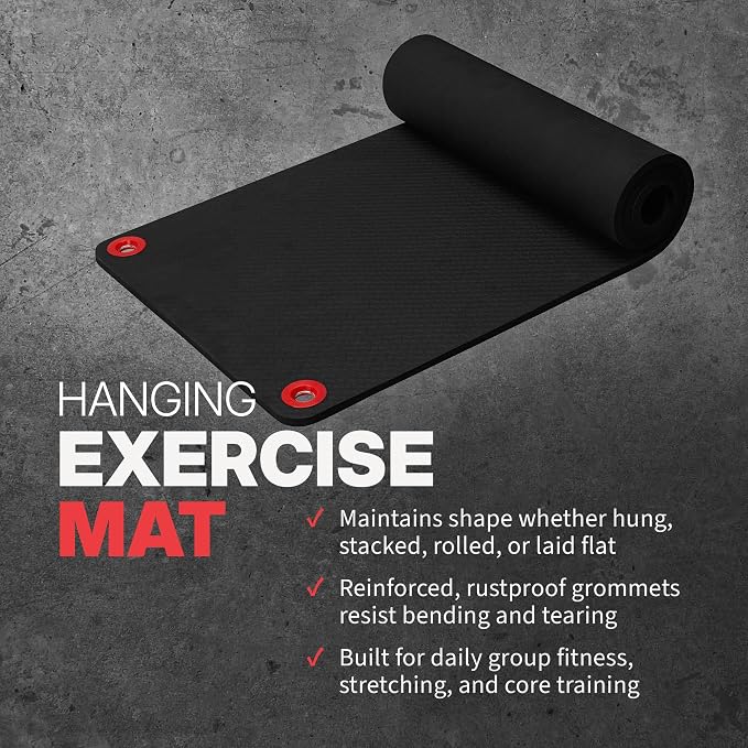 SPRI Hanging Exercise Mats for Gyms, Closed-Cell Foam Yoga & Fitness Mats with Grommets, Thick Workout Mats for Studios & Group Fitness Classes, Wall Rack Mat Holder Storage, Black