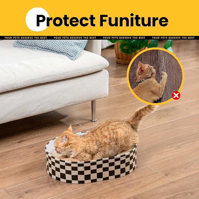 Conlun Oval Cat Scratcher Box with 4 Scratching Pads | Medium | Corrugated Cardboard | Reversible Design | Protects Furniture | Enclosed Bottom | Mess-Free Lounge Bed for Indoor Cats