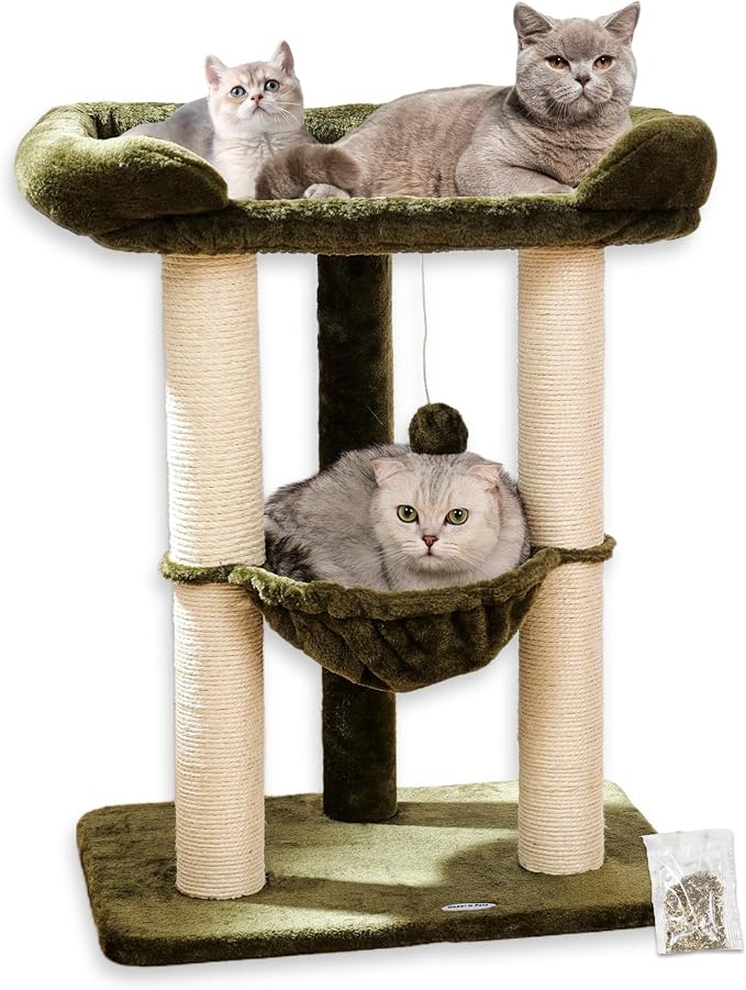 Cat Tree, Cat Scratching Posts with Large Bed for Big Cats | Green, Small Cat Tower, 28" Tall For Window Viewing, 23.6"x15.7" Large Cat Bed, Cat Hammock, Removable Cover, Solid Structure