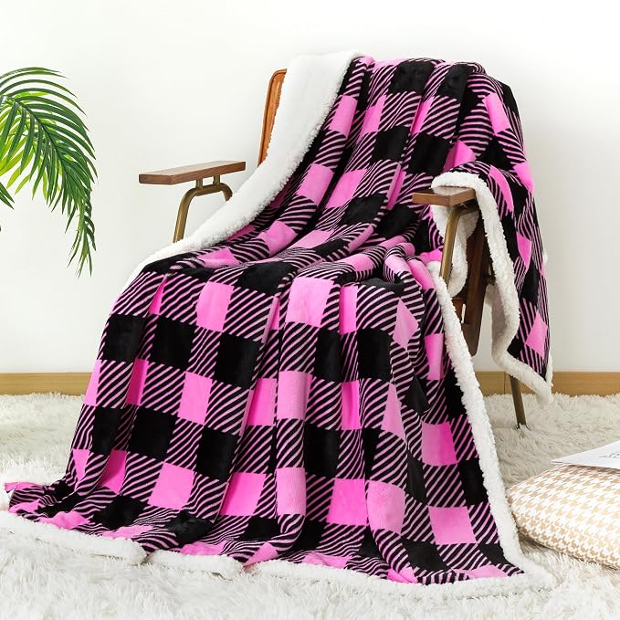 Sherpa Plaid Twin Blanket 60" X 70", Fuzzy Fluffy Soft Cozy Throw Blanket, Twin Size Plush Fleece Flannel Plush Microfiber Blanket for Couch Bed Sofa (Rosepink)