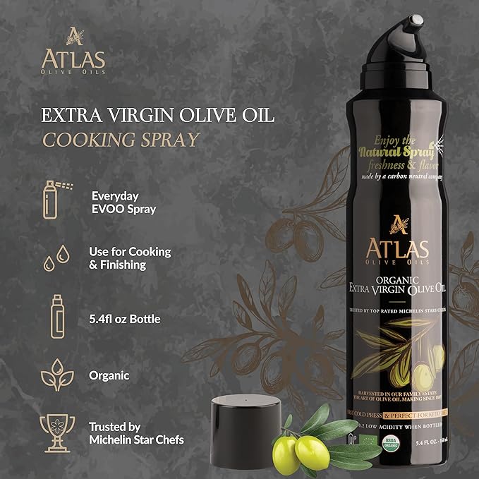 Olive Oil Spray by Atlas, Dual Function Olive Oil Cooking Spray and Stream, 5.4 fl oz, 6 Pack, Extra Virgin, Non Stick, Cold Pressed, Polyphenol Rich, Organic Moroccan EVOO, Hydroxytyrosol, Keto