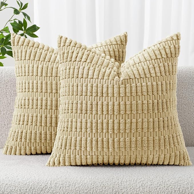 MIULEE Euro Sham Corduroy Decorative Throw Pillow Covers 24x24 Beige | Pack of 2 Soft Boho Striped Pillow Covers Modern Farmhouse Home Decor For Sofa Living Room Couch Bed