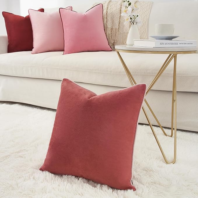 MONDAY MOOSE Decorative Throw Pillow Covers Cushion Cases, Set of 4 Soft Velvet Modern Double-Sided Designs, Mix and Match, Pillow Inserts Not Included (16x16 inch, Pink/Dark Pink)