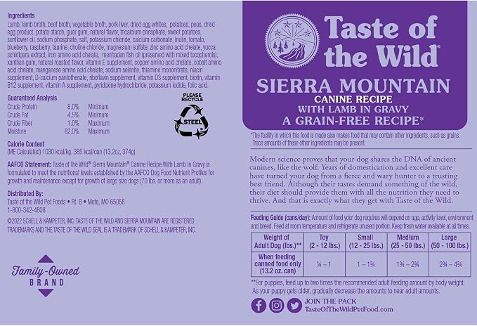 Taste of the Wild Sierra Mountain Wet Food Lamb in Gravy 13.2oz, Case of 12 | Puppy & Adult Dogs | Grain Free Recipe* | Complete & Balanced to Satisfy Finicky Dogs | Sweet Potatoes for All Day Energy