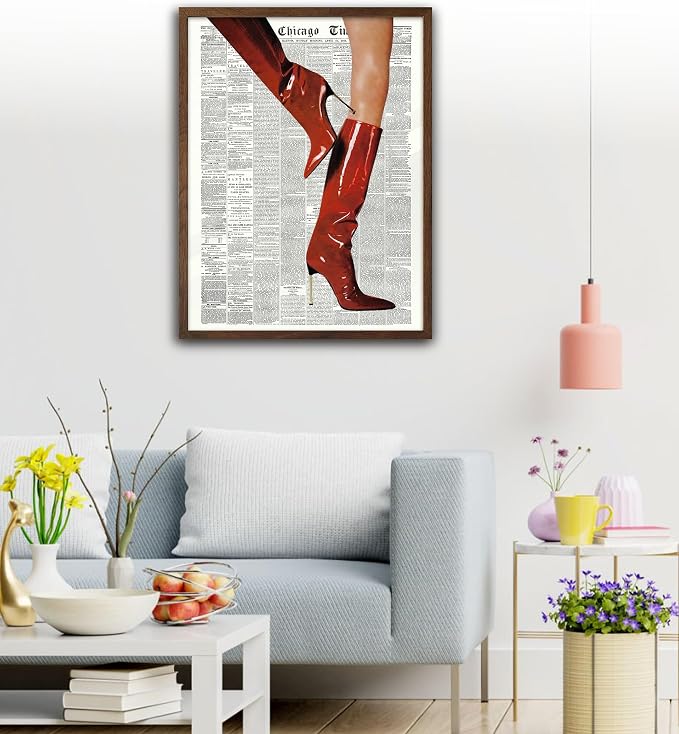 EcoHest 12x16 in Red Boots Newspaper Framed Wall Art | Walnut Color Solid Oak Frame, Canvas Wall Art, Fashion Magazine Wall Decor for Bedroom, Apartment, Dorm, College Room, 1Pack