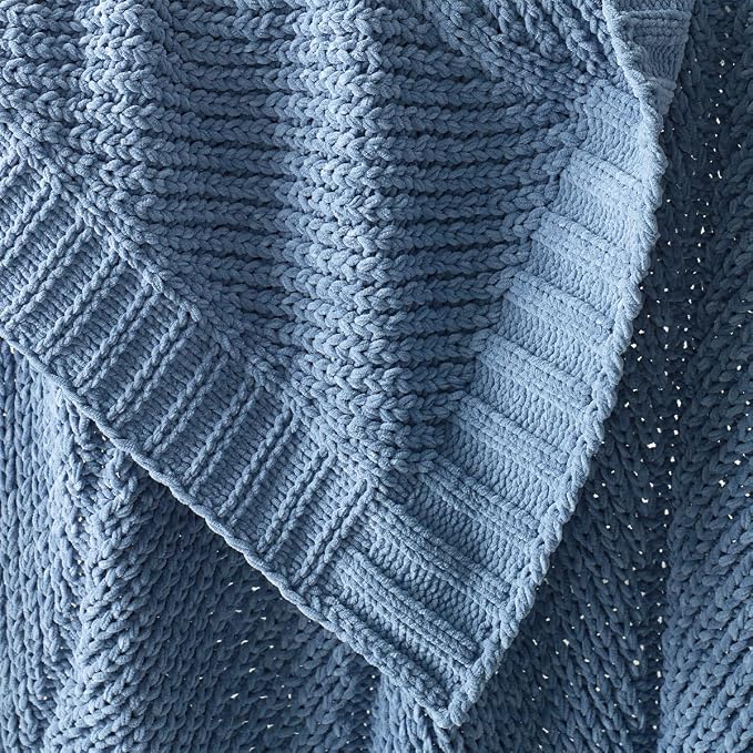 Knit Throw Blanket, Soft Chenille Cozy Breathable Chevron Chunky Decorative Blanket for Couch, Bed & Sofa, French-Inspired Lightweight Warm Gift for Women, Washed Blue, 50"x60"