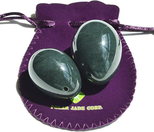 2-PCS Egg Set Made of Real Nephrite Jade for Beginners and Intermediate Users for Wellness Training, Drilled, Large & Medium 2-Size, by Polar Jade