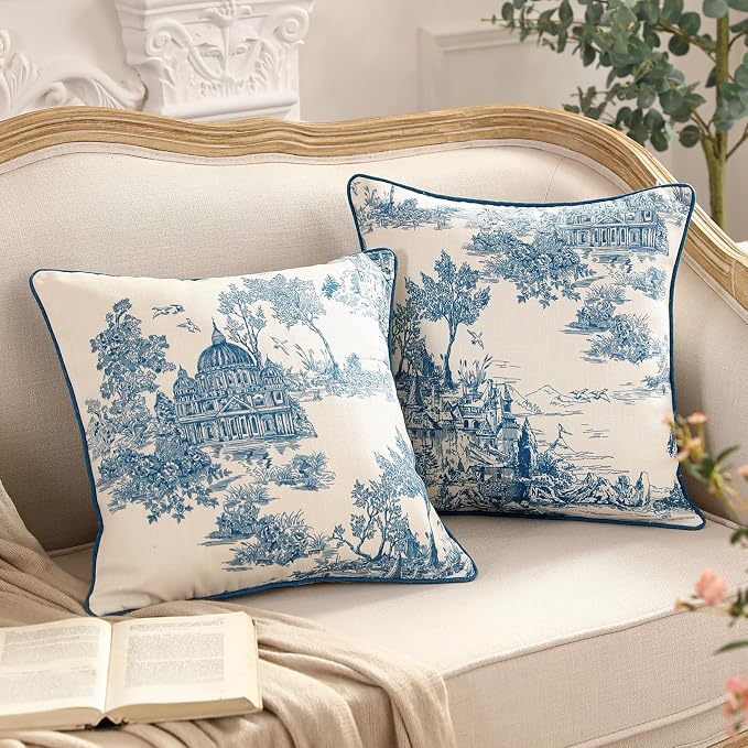 patdrea French Vintage Linen Throw Pillow Cover,18"x18",Set of 2-Lucerne A | Decorative Pillow Case,Chinoiserie Blue and WhitePillow Cover for Couch Living Room Bedroom Sofa