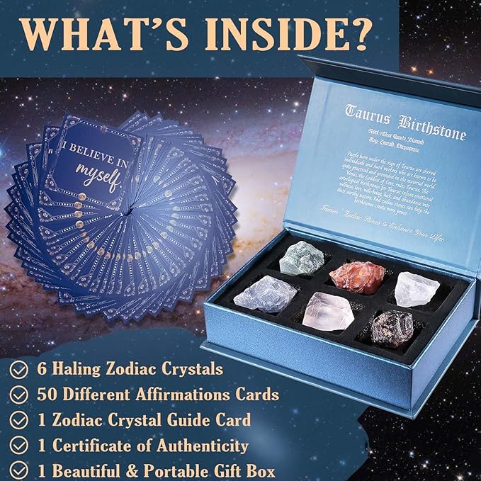 Faivykyd Taurus Gifts for Women, 6 Taurus Zodiac Crystals with 50 Miracle Mantras Affirmation Cards, Healing Astrology Gifts for Motivation, Promote Positive Energy