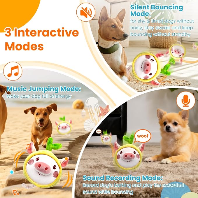 Bouncing Piggy Dog Toy, Self Moving Dog Toy with Jumping Ball, Squeaky Electronic Vibrating Dog Toy with Music Recording Modes for Small Medium Large Dogs Puppy to Keep Them Busy (Pig)