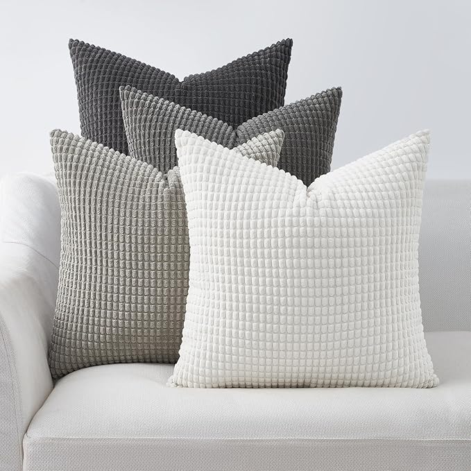 Topfinel 4 Packs Grey Decorative Throw Pillow Covers 26x26 Inch for Living Room Couch Bed Sofa, Boho Western Farmhouse Home Decor, Square Soft Moss Corduroy Fall Cushion Case 65x65 cm