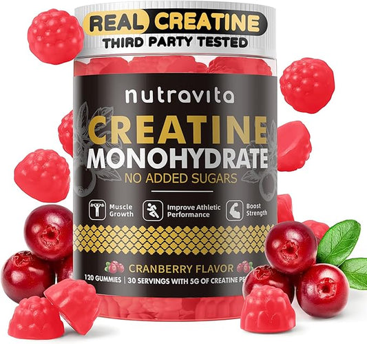 Nutravita Creatine Monohydrate Gummies for Men & Women-5g of Creatine Monohydrate per Serving - Sugar Free,Vegan, Cranberry Flavor, 120 Count