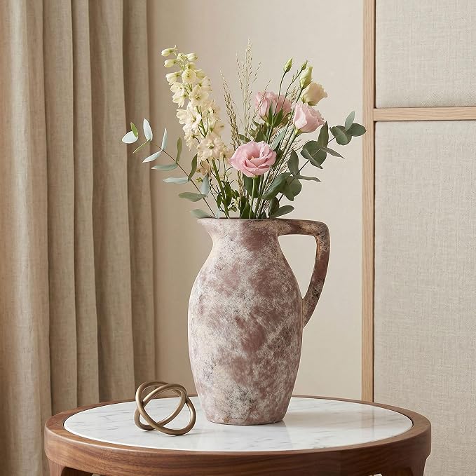 Ceramic Flower Vase with Handle, 9.65 inch Tall Ceramic Vase Home Decor Farmhouse Vases Terracotta Table Vases for Living Room Bathroom Modern Coffee Table Centerpieces Bookshelf Kitchen Fireplace