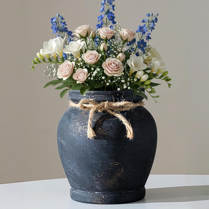 Lvases 6.5in Black Ceramic Vase Distressed Matte Modern Farmhouse Decor | Handcrafted distressed black ceramic vase with jute rope bow, small table centerpiece for living room kitchen and dining
