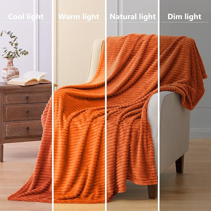 Vessia Flannel Fleece Twin Size Blanket for Bed,Couch,Sofa(60x80inch), 300GSM Microfiber Burnt Orange Striped Bed Blanket for Adults, Super Soft Warm Cozy Lightweight Ribbed Decor for All-Season