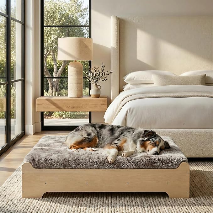 Elevated Wood Dog Bed Frame with Foam Mattress, WoodPattern, L | Raised Dog Bed with Washable Cover, Furniture-Style Design for Indoor Living