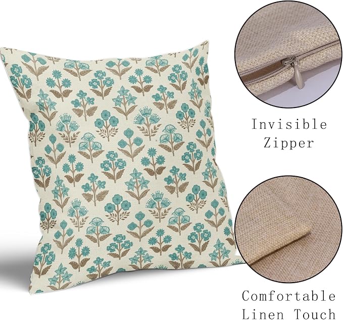 Brown Cyan Floral Block Print Pillow Covers 20x20 Inch Set of 2, Vintage Flower Pattern Decorative Throw Pillowcases Outdoor Farmhouse Cushion Covers Spring Summer Rustic Sofa Couch Bed Decor