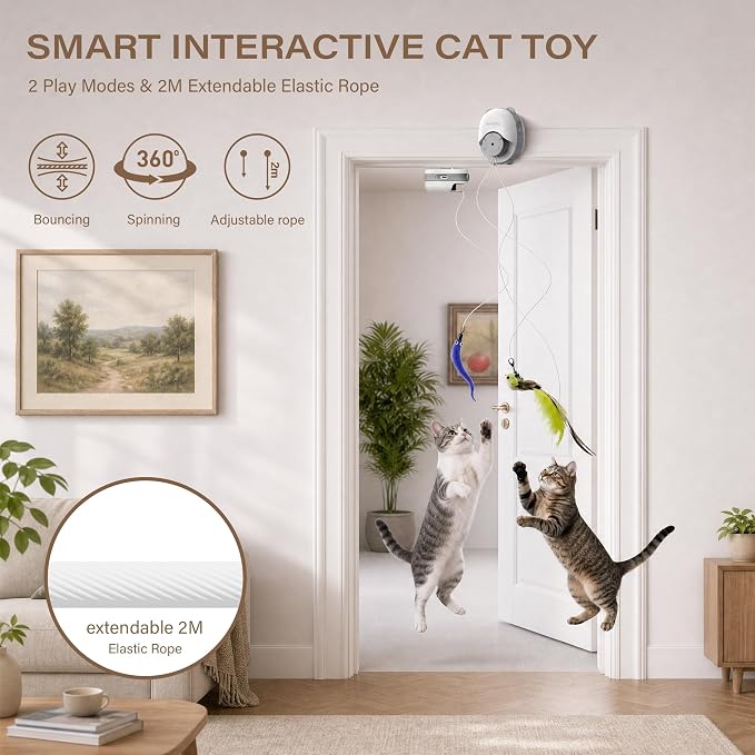 Interactive Cat Toys for Indoor Cats, Automatic Wand Cat Toy with 2 Smart Motion Modes, USB Rechargeable Electric Teaser with Clip, Self Play Enrichment Toy for cat (Flying Bird&Caterpillar)