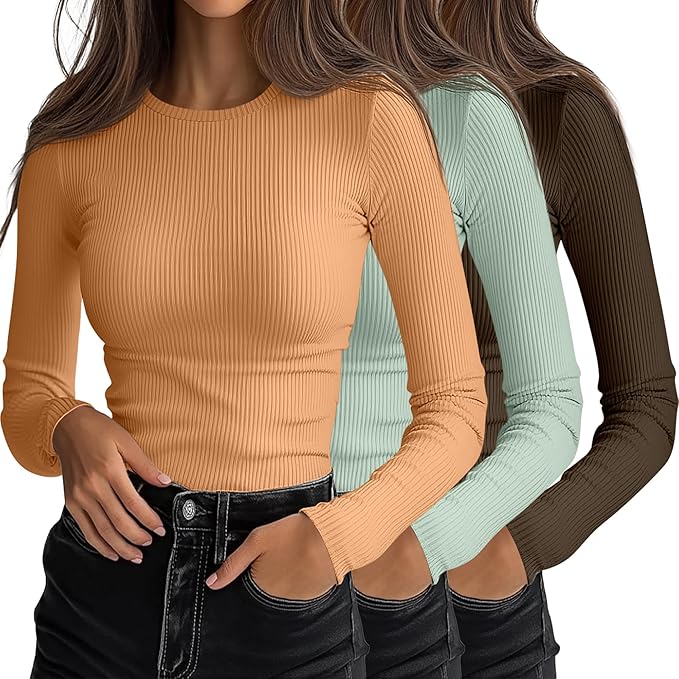 Ficerd 3 Pack Women's Ribbed Long Sleeve Tops, Crew Neck Slim Fit Undershirts Knit Basic Casual Stretch Layering Tee Shirts