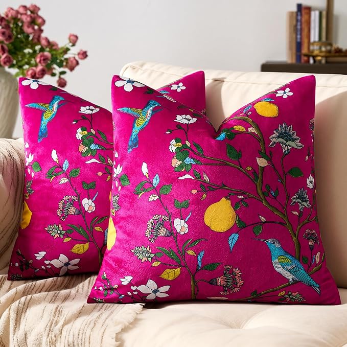 MUSSEL Hot Pink Floral Vintage Decorative Pillow Covers 18x18 Set of 2 | Soft Velvet,Wild Flower Plant,Throw Pillows Case,Square,Colorful Farmhouse Cushion Covers,Home Sofa Bed Couch Decor