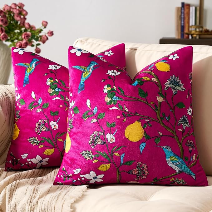 MUSSEL Hot Pink Velvet Floral Decorative 20x20 Pillow Covers Set of 2 | Durable Sturdy,Botanical Printed Pattern,Throw Pillows Case,Square,Colorful Mid Century Cushion Covers,Sofa Couch Decor