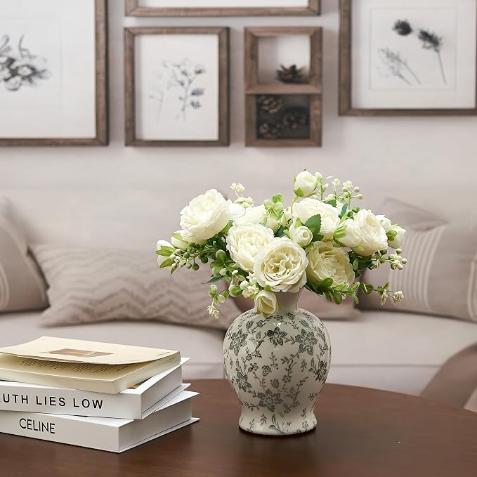 6.73" Ceramic Flower Decorative Antique Vase, Vintage Rustic Chinoiserie Floral Vase for Home Decor, Living Room, Bookshelf, Office, Entryway, Garden, Chinoiserie Decor, Tuscan Decor