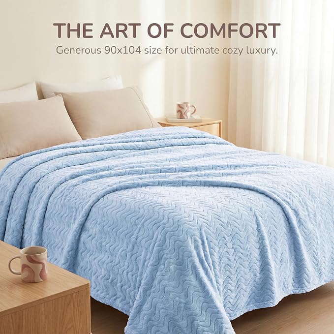 Exclusivo Mezcla Soft Fleece Blanket Queen Size for Bed, Sofa, Light Blue | 90"x90" Breathable Lightweight Flannel Blanket for Summer, Plush Cozy Jacquard Wave for Home Decor
