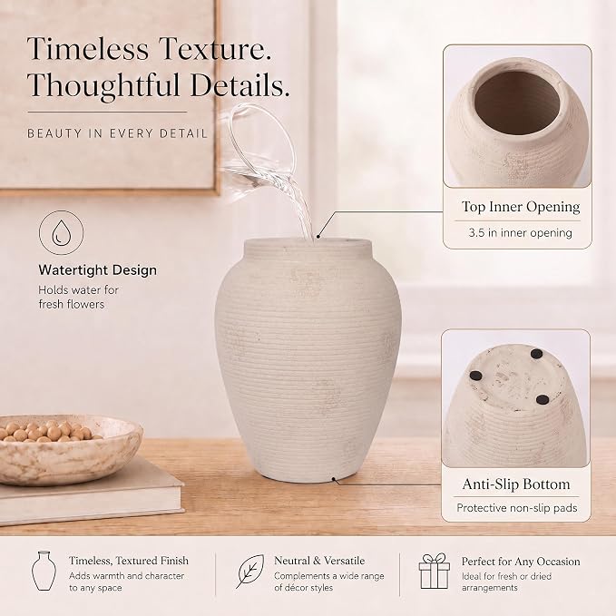 8.1" Terracotta Vase, Small Ceramic Vase for Decor | Small vase with pottery shape; textured ceramic vase, watertight for flowers, pampas grass, shelves, mantels and tables