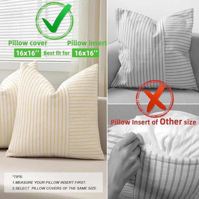 YCOLL Farmhouse Pillow Covers 16x16, Modern Accent Square Throw Pillow Covers Set of 2, Yellow and Beige Striped Patchwork Linen Decorative Pillows Cushion Covers for Couch Chair Bedroom Home Decor