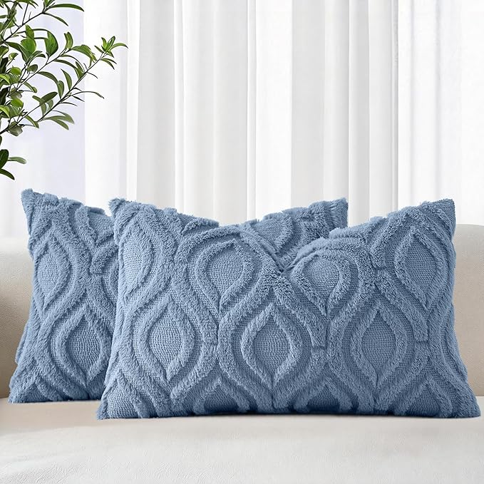 decorUhome Faux Fur Soft Dusty Blue Throw Pillow Covers 12x20 Set of 2 | Plush Solid Fall Couch Pillow Covers, Accent Modern Farmhouse Neutral Decorative Square Pillow Cases for Sofa Bed Living Room