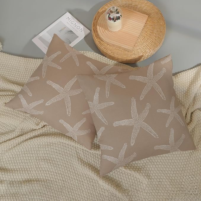 Brown Tan Starfish Pillow Covers 18x18 Inch Set of 2 Coastal Throw Pillows Summer Nautical Ocean Beach Theme Decorative Pillowcase Linen Outdoor Farmhouse Decor Cushion Case for Home Bedroom