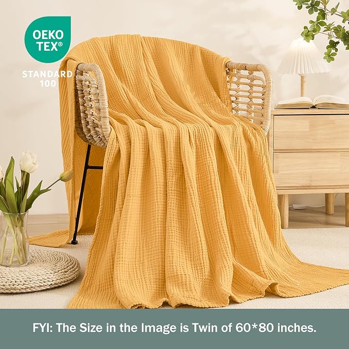 EMME Cotton Muslin Large Throw Blanket Couch Breathable Gauze Soft Lightweight Bed Blankets Adults (Heather Yellow, 50"x70")