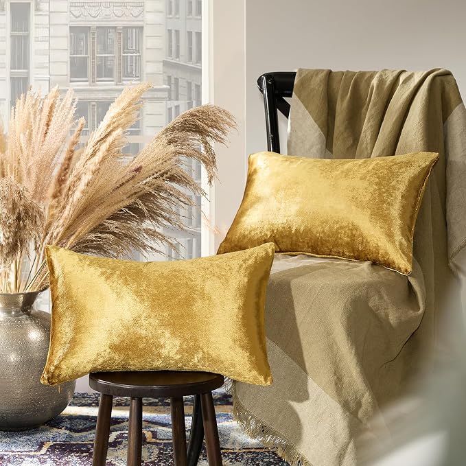 GIGIZAZA Gold Velvet Pillow Covers 12x20 Decorative Pillows Pack of 2 | Lumbar Throw Pillows for Couch Sofa,300gsm Soft Textured Fabric,Modern Accent Pillowcases,Luxury Cushion Covers
