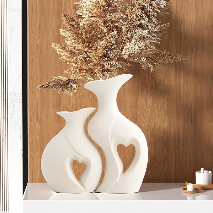 XL White Flower Vases, Nordic Heart Shaped Ceramic Vase Set of 2 | Modern Home Decor, Table Centerpiece, Dining Living Room Office Coffee Table, Wedding House Decoration,H 10.1 inches