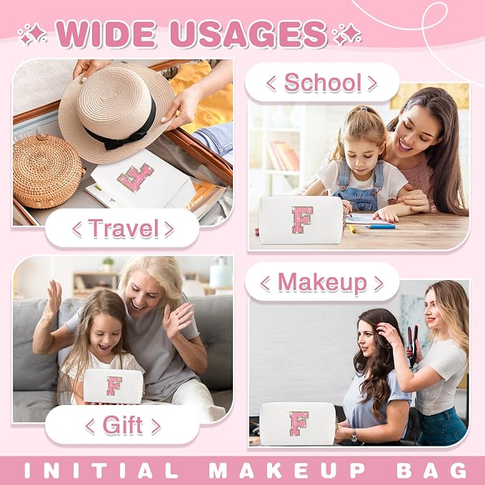 Small Initial Patch Makeup Bag Personalized Gifts Make Up Bag,White Cute PU Leather Glitter Letter Cosmetic Bag with Zipper,Trendy Portable Travel Toiletry Pouch,Preppy Stuff for Teen Girls Women F