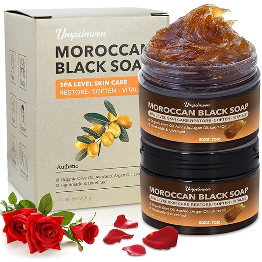 2 PCS Moroccan Black Soap with Argan and Rose Oil, SPA Level Handmade Black Beldi Soap Exfoliating and Softening, Natural and Organic for Face, Body, Hair and Shave, Rose Scent, 5.29 oz/150 g