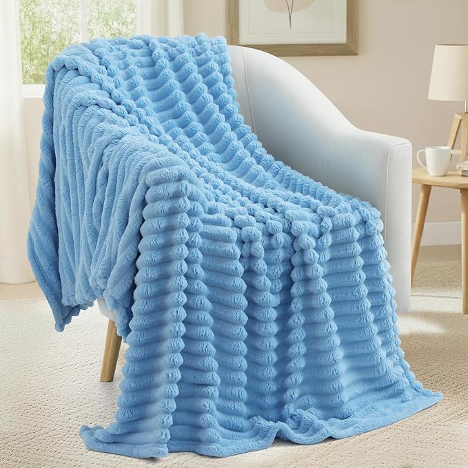 decorUhome Blue Fleece Twin Blanket 60x80 Inches | Soft Couch Cozy Fluffy Plush Flannel Striped Blanket for Sofa Bed, Lightweight Decorative Ribbed Fuzzy Blanket for Woman
