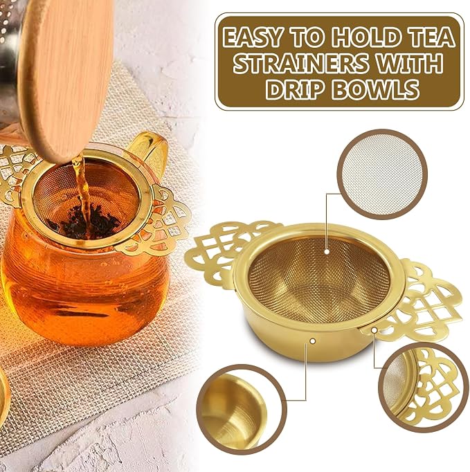 2 Pack Fine Mesh Tea Strainers with Drip Bowls, Stainless Steel Loose Leaf Tea Filter, Double Wing Handles for Mugs & Cups 2.5-4 Inch Mouth, Gold
