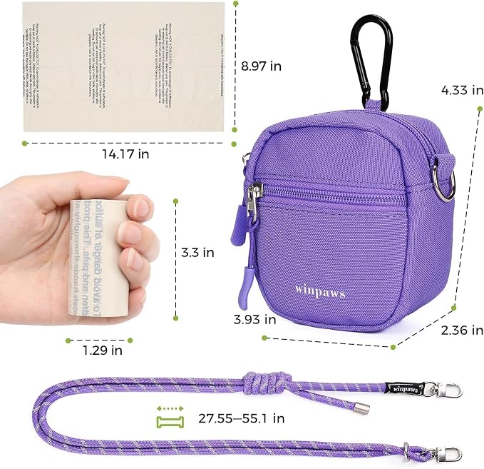 Dog Treat Pouch with Poop Bag Holder, Small Crossbody Bag for Puppy Training and Walking, Shoulder Strap Can Use as Dog Leash- Pet Travel Accessories, Metal Carabiner Attached (Purple) | 900D Oxford Fabric